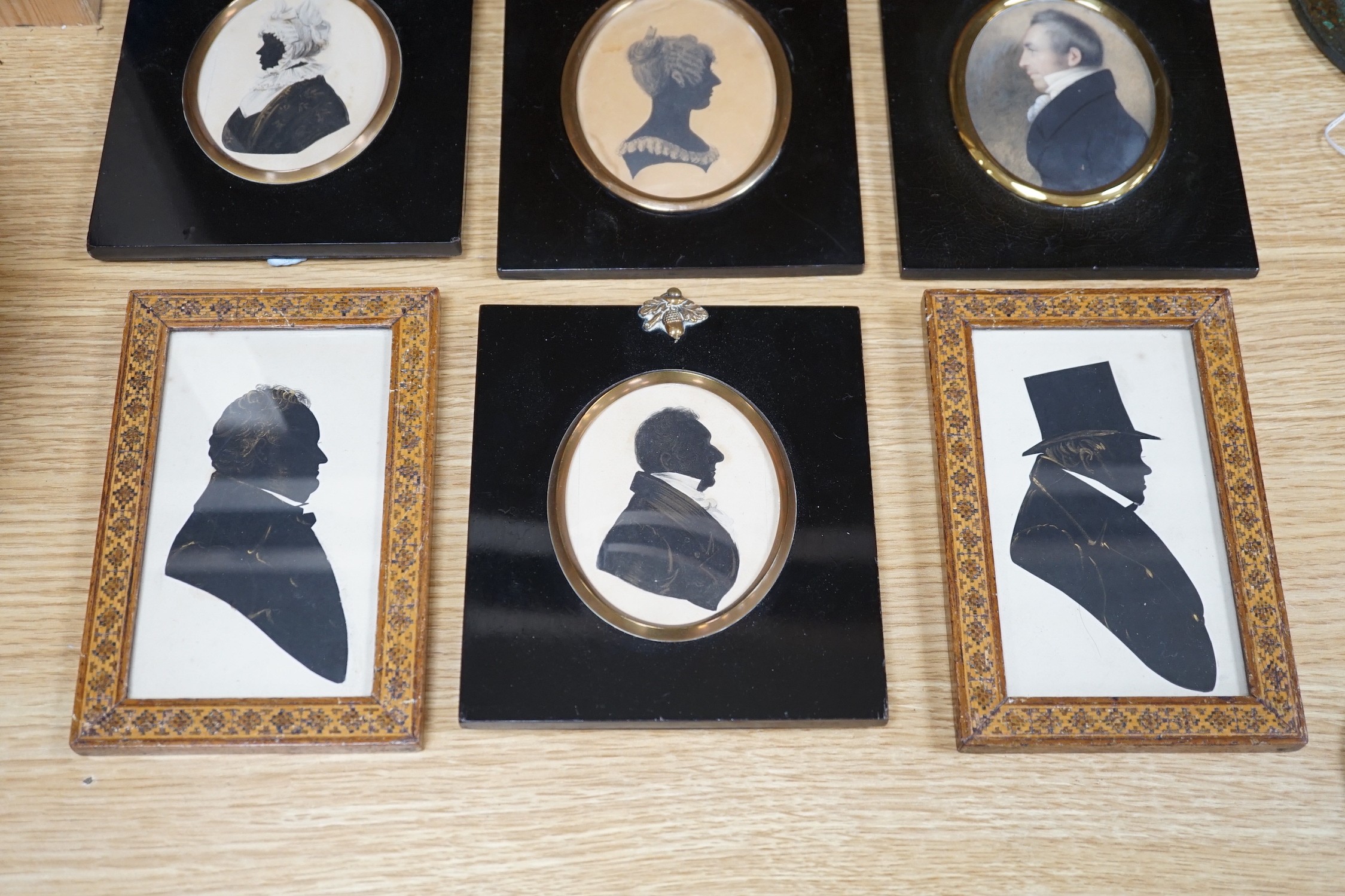 19th century English School, a group of silhouettes and portraits, largest 27 x 17cm